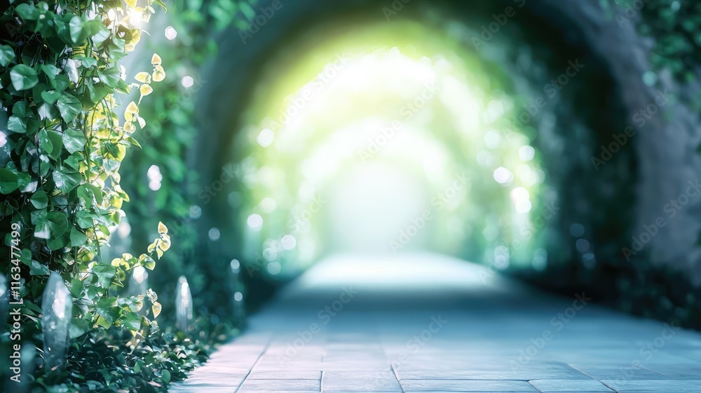 Poster mystical lush idea. a serene pathway surrounded by lush green vines and soft glowing light creates t