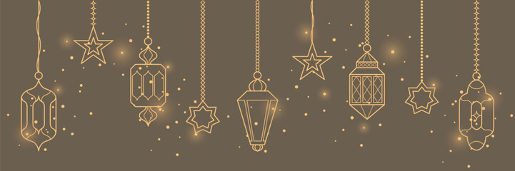 Islamic Ramadan lanterns and lamps set. Middle East antique kerosene hanging light underline or border. Arabian lamp lantern decorations for Ramadan Kareem and Eid Mubarak greetings.