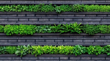 A modern vertical garden displaying lush green plants set against a sleek black brick wall for a contemporary aesthetic.