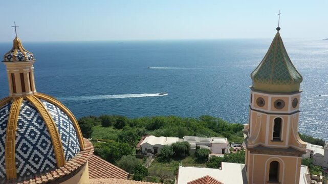 Aerial view of Praiano coastline and Parish Church of Saint Januarius on a sunny summer day, Amalfi Coast Italy, Europe