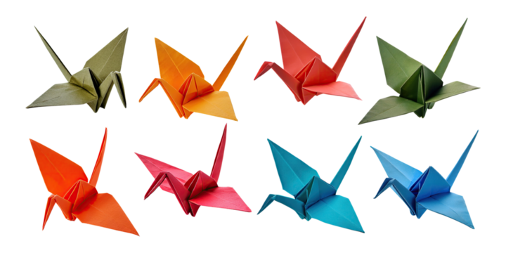 Colorful Origami Cranes on Transparent Background
