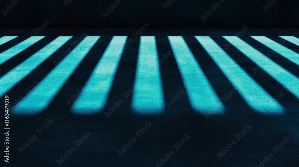 Poster intriguing abstract composition created by stark blue light casting shadows on a dark textured floor