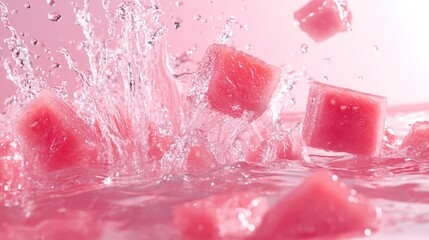 Fototapeta premium Juicy Watermelon Cubes Splashing in Vibrant Pink Water Droplets