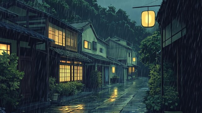 Rainy traditional japanese village street with old asian houses, lofi loop anime style animated background