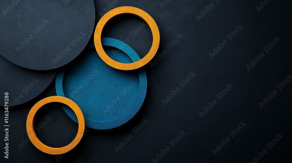 Poster abstract composition of circular shapes in contrasting colors against a dark background showcasing m