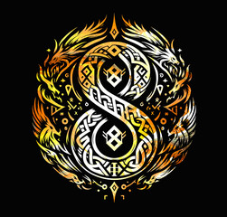 Hand-Drawn Mythical Dragon Artwork with runes Symbolism 