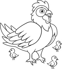 Cartoon hen with her baby chicks line art