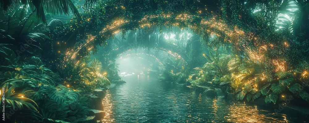 Poster mystical nature concept. a serene jungle scene featuring vibrant greenery and sparkling reflections 