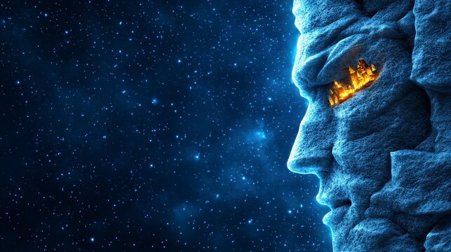 A surreal depiction of a stone face illuminated by a distant city, blending natural elements with cosmic imagery