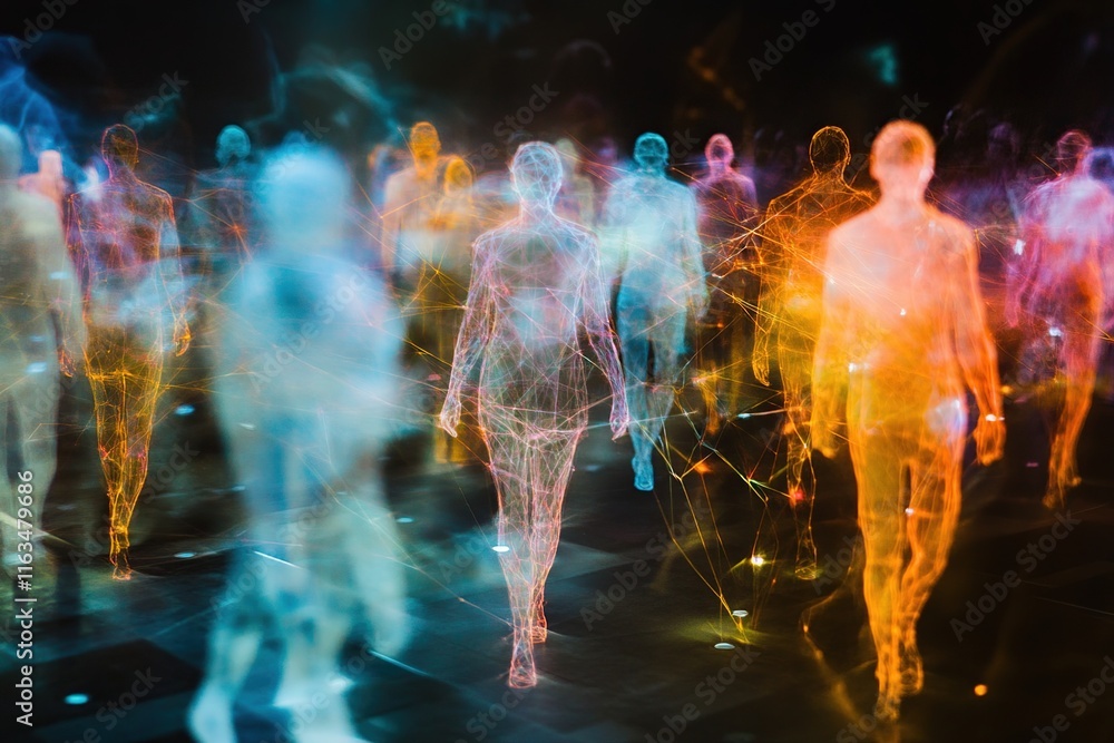 Aufkleber abstract figures moving through networked light trails, illuminating a connected world mysteriously