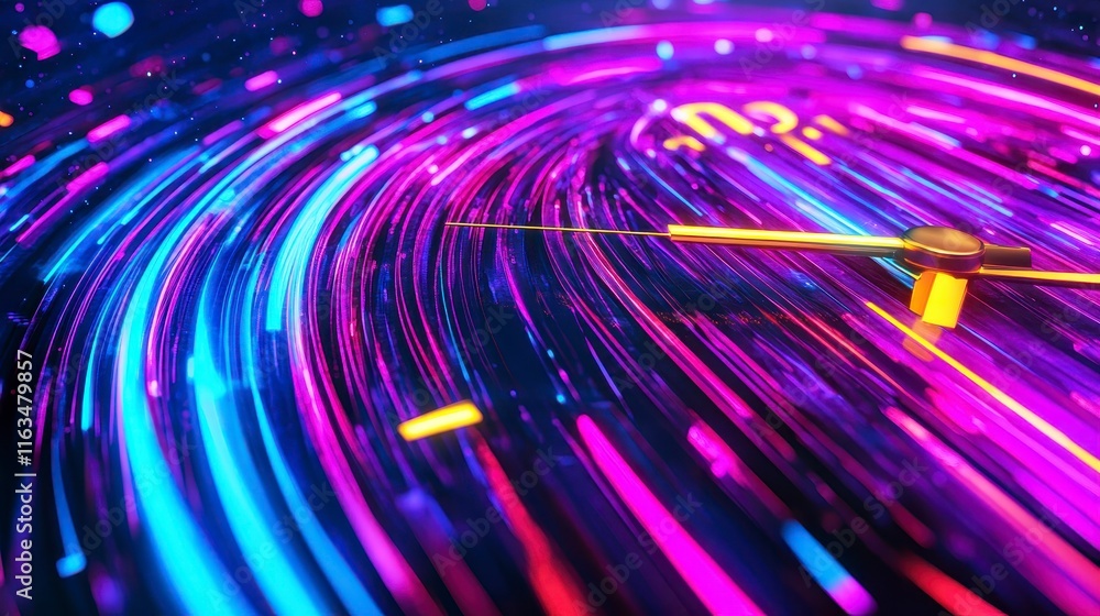 Poster abstract portrayal of time with vibrant neon colors swirling around a clock face, emphasizing the pa