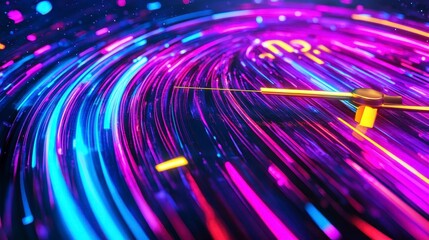 Abstract portrayal of time with vibrant neon colors swirling around a clock face, emphasizing the passage and perception of time in a digital world
