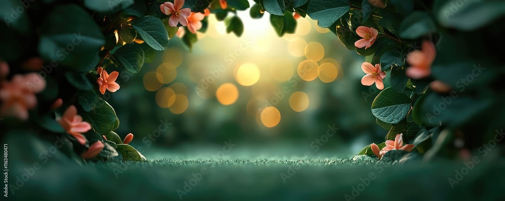 Poster mystical nature concept. a serene view through leaves, with soft bokeh lights creating a magical atm