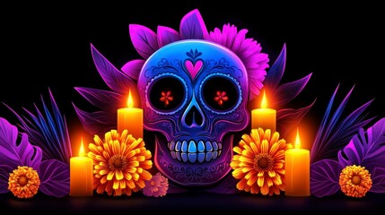 Vibrant day of the dead skull surrounded by candles and colorful flowers in a festive, evocative setting