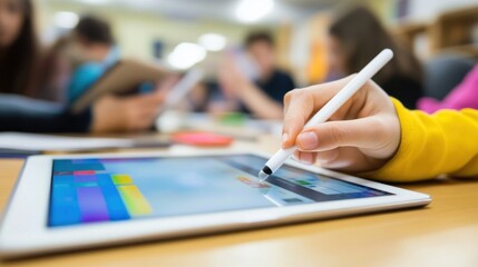 Student Using Tablet and Stylus in Classroom