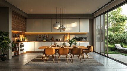 Modern dining room with wooden table and greenery view. Generative AI