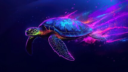 A vibrant and colorful digital illustration of a turtle swimming gracefully through an abstract underwater scene.