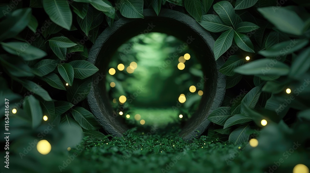 Poster mystical nature concept. a serene view through a leaf-covered tunnel adorned with glowing lights.