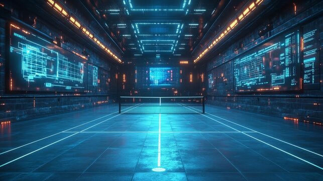 Futuristic Digital Tennis Court with Data Holograms. Generative AI - Powered by Adobe