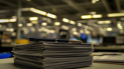 A Pen Resting on a Stack of Papers in a Blurred Office Setting