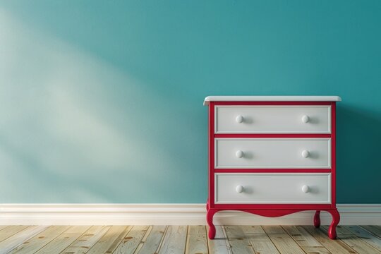 Empty childrens white red commode at the turquoise wall in the nursery