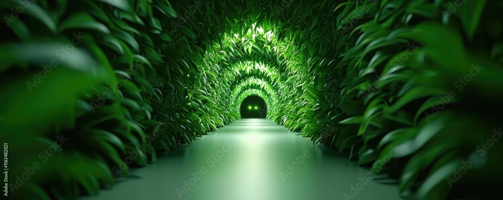 Poster mystical lush idea. a serene green tunnel lined with lush foliage, creating a tranquil and calming a