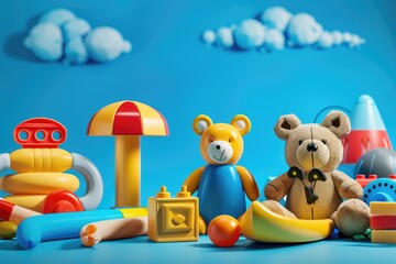 kids toys on blue background