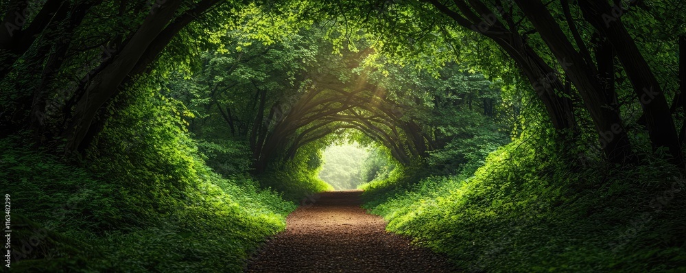 Aufkleber Mystical lush idea. A serene forest path surrounded by lush greenery and sunlight filtering through trees.