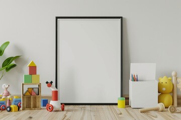 Neutral unisex childrens room with toys and mockup poster.