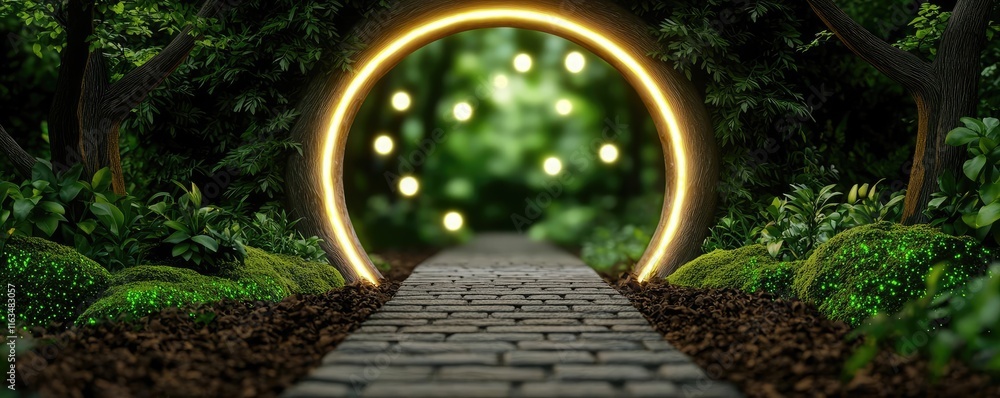 Poster mystical nature concept. a serene path illuminated by glowing lights surrounded by lush greenery.