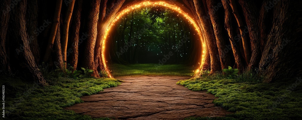 Poster mystical nature concept. enchanting forest pathway illuminated by glowing trees inviting exploration