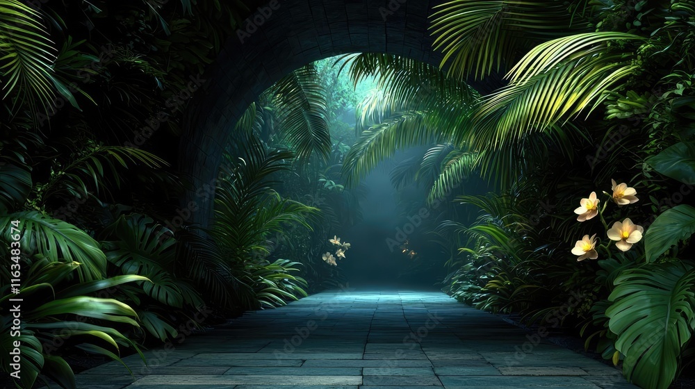 Poster mystical tropical concept. serene botanical pathway with lush foliage and gentle light filtering thr