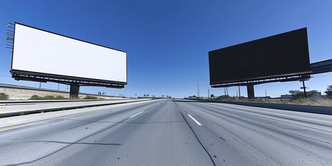 Obraz premium Empty highway billboards, one white one black, clear blue sky.