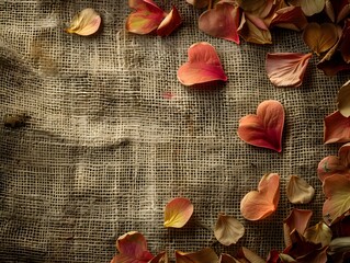 A natural theme featuring heart-shaped leaves and petals scattered on a rustic burlap