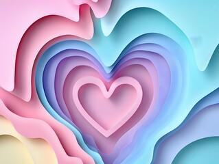A paper cut-out art style background, with layered pastel heart shapes forming a subtle 3D effect,