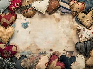 patchwork of fabric hearts in different patterns and textures