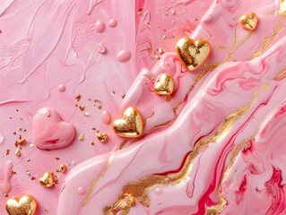 A luxurious marble texture in soft pink with veins of gold forming subtle heart shapes
