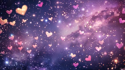 A cosmic Valentine theme with heart-shaped constellations glowing against a deep purple galaxy