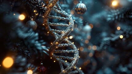 A detailed festive illustration of a DNA double helix adorned with Christmas ornaments and decorations, blending science with holiday themes 
