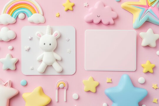 Cute kawaii animal photo frames on pink background