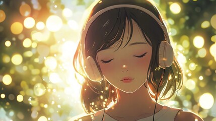 Captivating anime girl with headphones in dreamy lofi music video animation, relaxing digital illustration, vibrant colors, young woman enjoying music, fantasy background