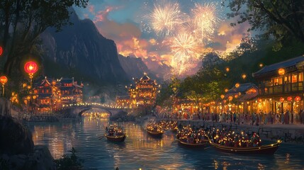 Fototapeta premium A Scenic Riverside Village Celebrating the New Year with Lanterns and Traditional Festivities