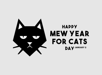 Happy Mew Year for Cats Day. January 2. Cute black cat face icon.