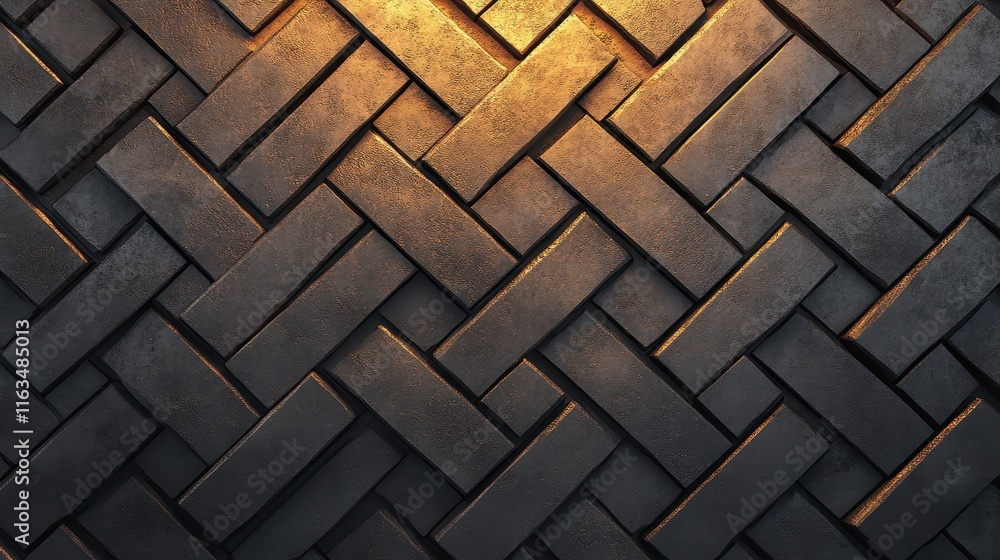 Poster elegant woven pattern of dark tiles illuminated with a warm golden glow, creating a modern and textu