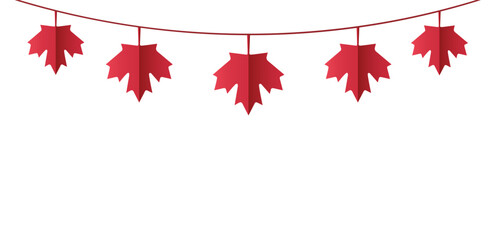 Canada Day banner design with maple leaf garland on white background with copy space. Vector illustration in cut paper style.