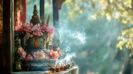 Fototapeta premium Serene Shrine with Incense and Flowers in Sunlight