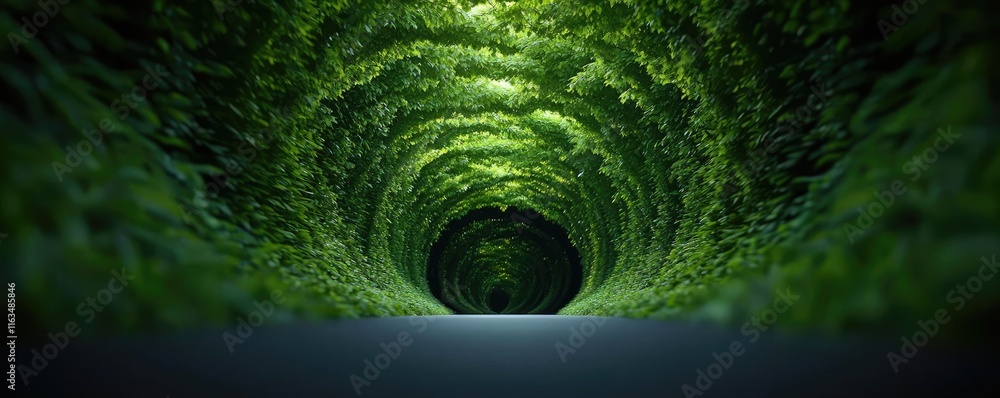 Poster mystical lush idea. a serene pathway surrounded by lush greenery, creating a peaceful natural tunnel