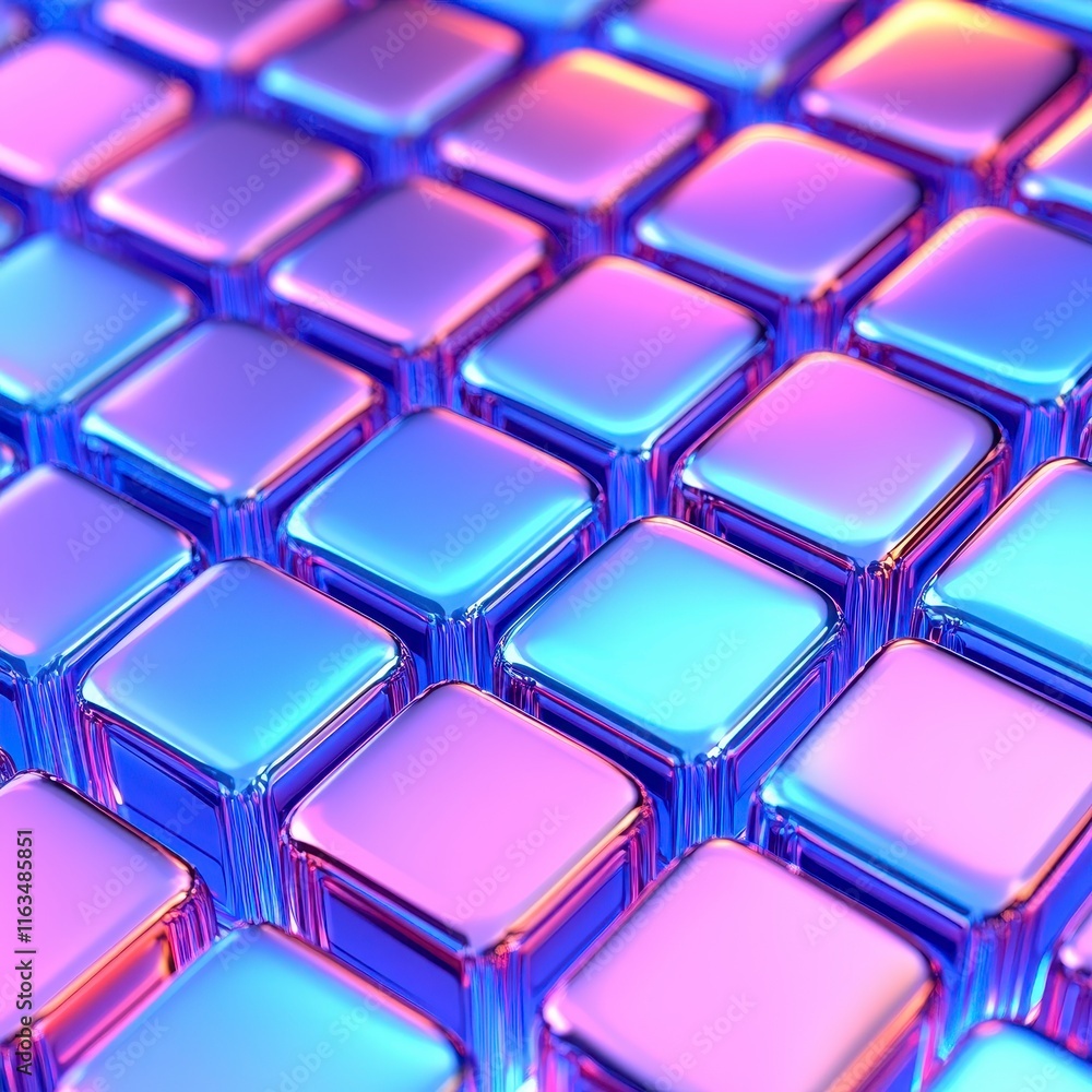 Poster a captivating close-up view of iridescent metallic squares arranged in a seamless grid pattern, show