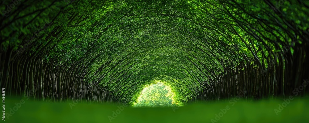 Poster mystical lush idea. a serene pathway lined with lush green trees, creating a natural tunnel of folia