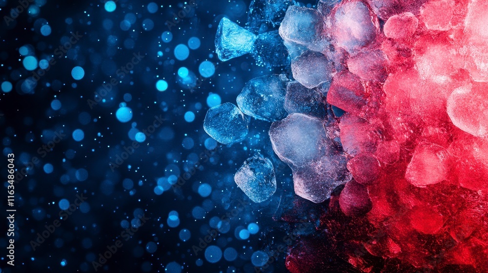 Poster intriguing blend of blue and red ice crystals with sparkling bokeh, creating a visually stunning abs